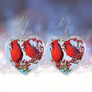 Silver Heart Shaped CARDINAL Dangle Earrings